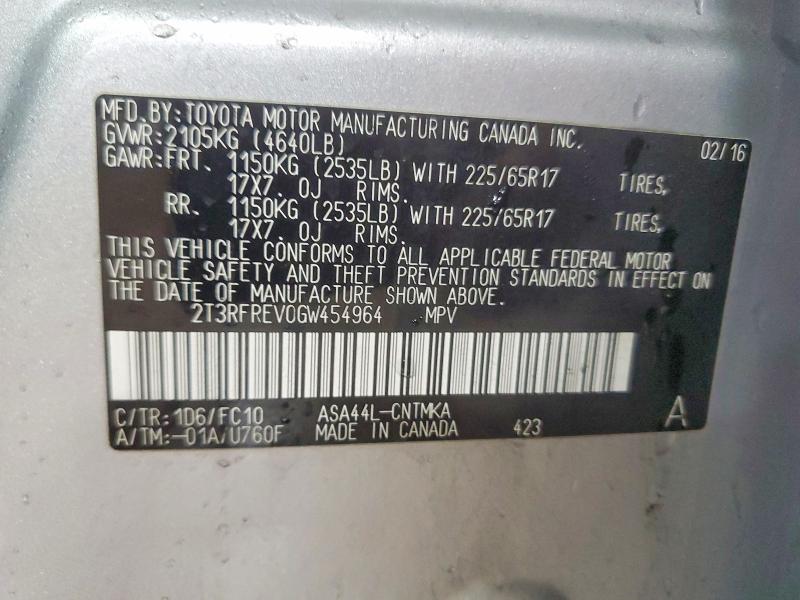 2016 Toyota Rav4 მანქანა იყიდება აუქციონზე, vin: 2T3RFREV0GW454964, აუქციონის ნომერი: 51316456