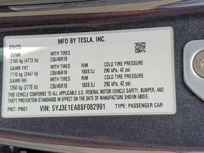 Продаж на аукціоні авто 2025 Tesla Model 3, vin: 5YJ3E1EA8SF082991, номер лоту: 49625796