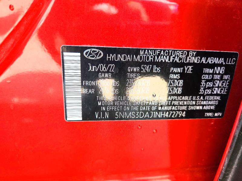 51484016 :رقم المزاد ، 5NMS3DAJ1NH472794 vin ، 2022 Hyundai Santa Fe مزاد بيع