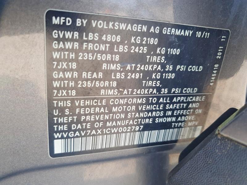 Aukcja sprzedaży 2012 Volkswagen Tiguan, vin: WVGAV7AX1CW002797, numer aukcji: 50806396