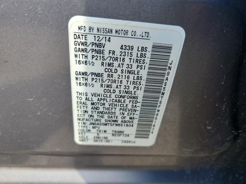 49340086 :رقم المزاد ، JN8AS5MT5FW651604 vin ، 2015 Nissan Rogue Select مزاد بيع
