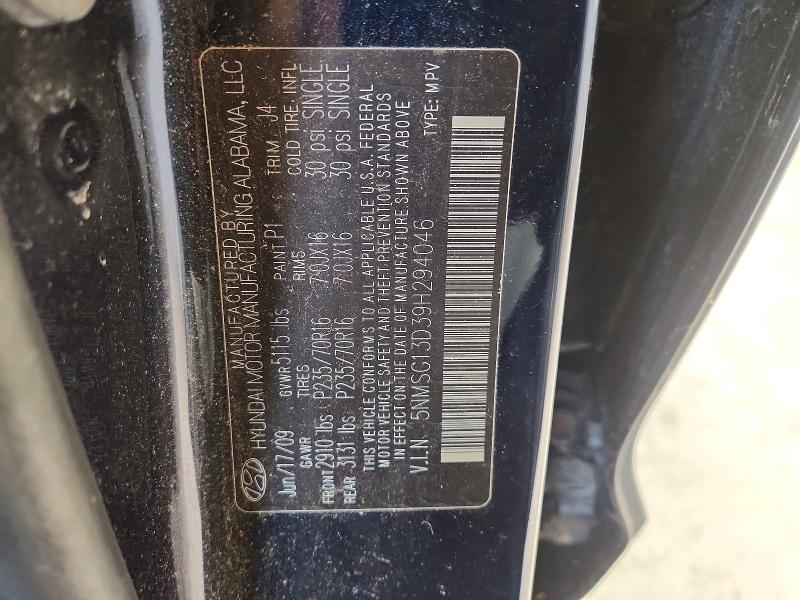 Продаж на аукціоні авто 2009 Hyundai Santa Fe, vin: 5NMSG13D39H294046, номер лоту: 51357276