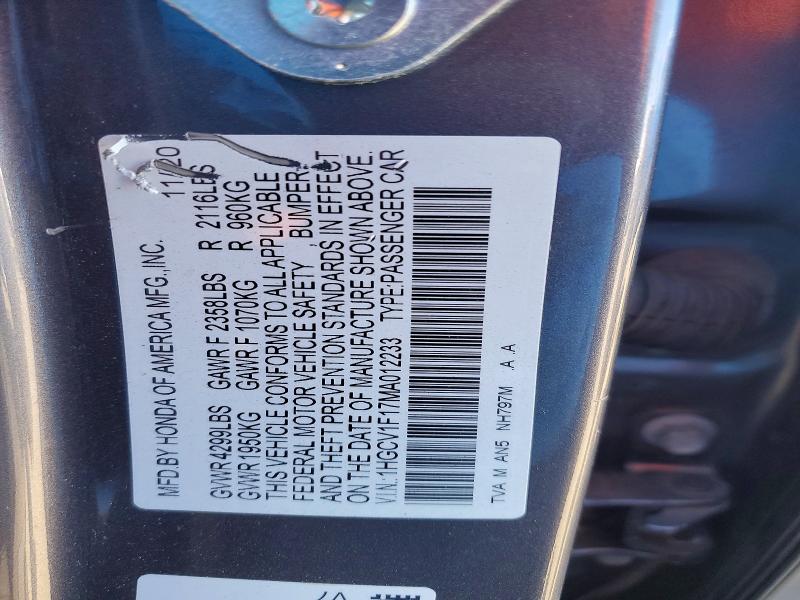 Aukcja sprzedaży 2021 Honda Accord, vin: 1HGCV1F17MA012233, numer aukcji: 48953966