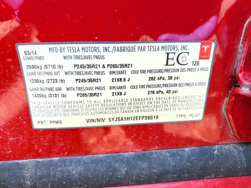 50271546 :رقم المزاد ، 5YJSA1H12EFP36519 vin ، 2014 Tesla Model S مزاد بيع