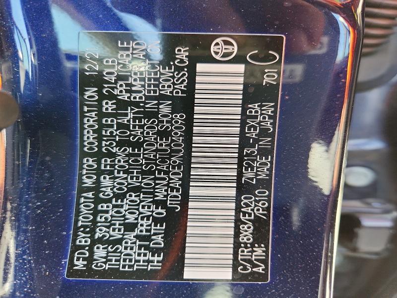 Auction sale of the 2022 Toyota Corolla Hybrid, vin: JTDEAMDE9NJ049098, lot number: 49083046