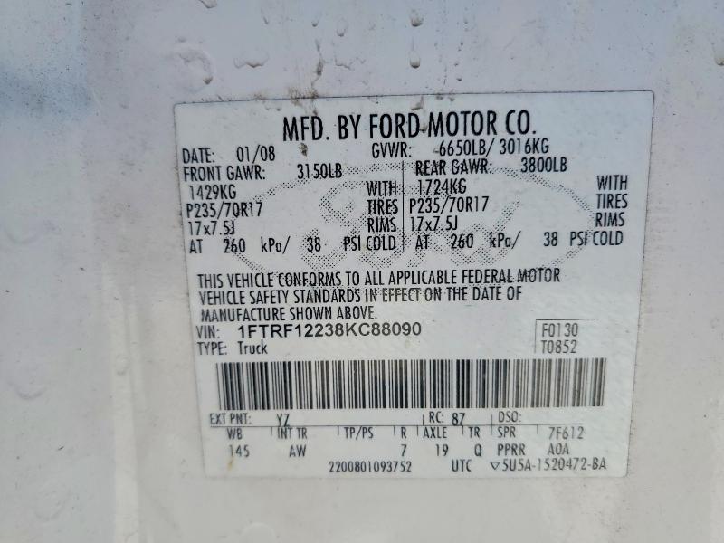 48057256 :رقم المزاد ، 1FTRF12238KC88090 vin ، 2008 Ford F150 مزاد بيع