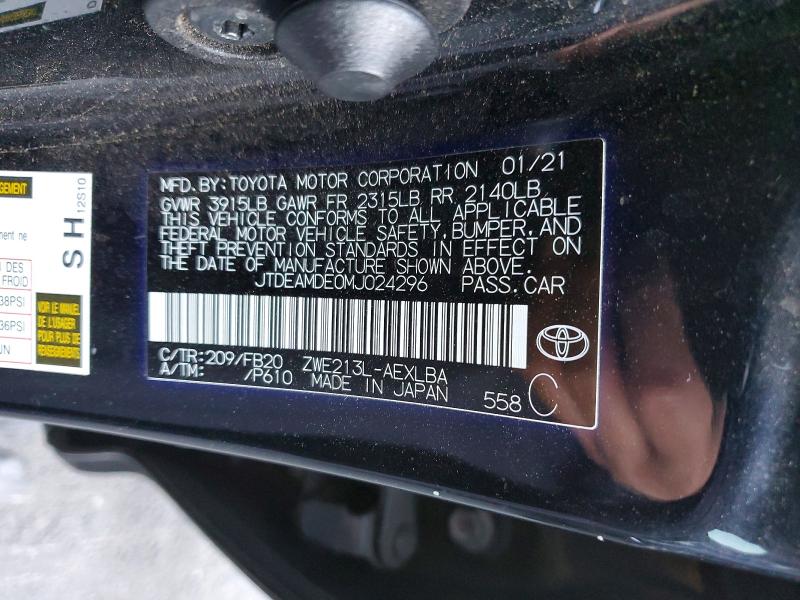 Продаж на аукціоні авто 2021 Toyota Corolla, vin: JTDEAMDE0MJ024296, номер лоту: 50891696