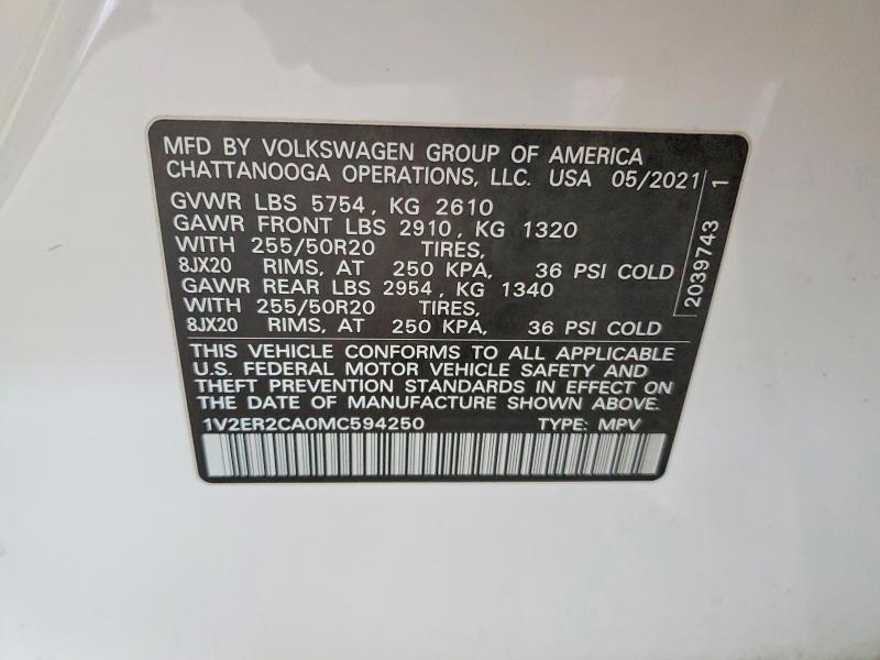50777346 :رقم المزاد ، 1V2ER2CA0MC594250 vin ، 2021 Volkswagen Atlas مزاد بيع