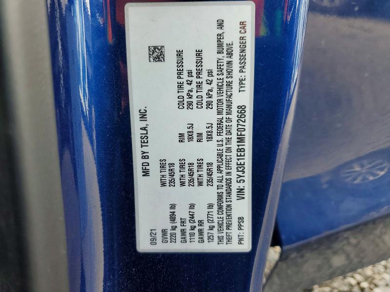 Продаж на аукціоні авто 2021 Tesla Model 3, vin: 5YJ3E1EB1MF072668, номер лоту: 49582566