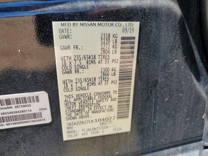 51959526 :رقم المزاد ، 5N1AZ2BJ7LN104077 vin ، 2020 Nissan Murano مزاد بيع