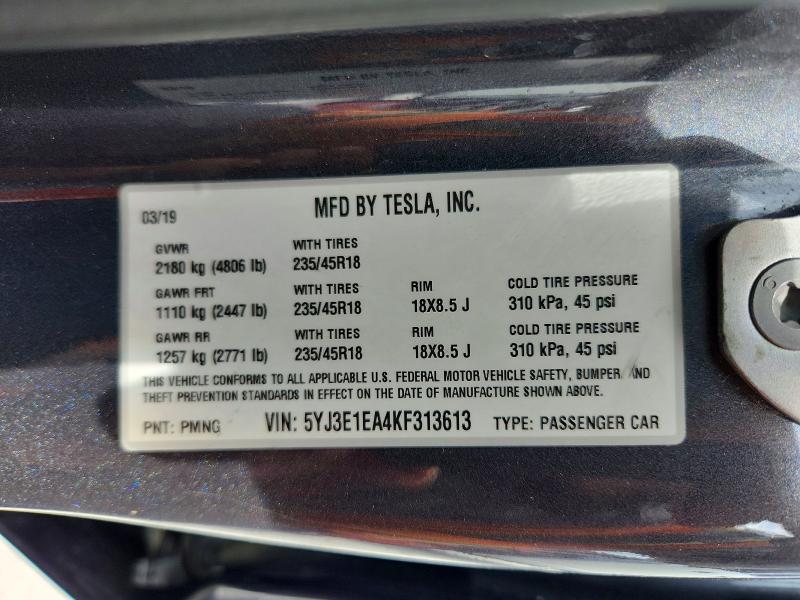 Продажа на аукционе авто 2019 Tesla Model 3, vin: 5YJ3E1EA4KF313613, номер лота: 49716026