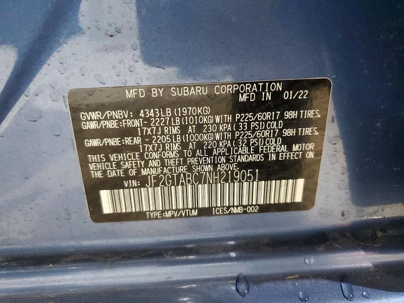 Aukcja sprzedaży 2022 Subaru Crosstrek, vin: JF2GTABC7NH219051, numer aukcji: 49141566