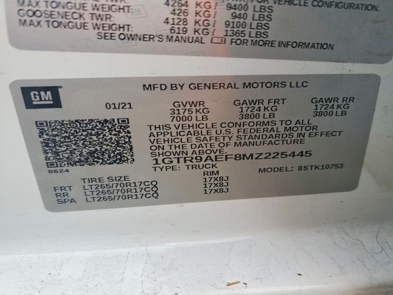 Aukcja sprzedaży 2021 Gmc Sierra, vin: 1GTR9AEF8MZ225445, numer aukcji: 49323916