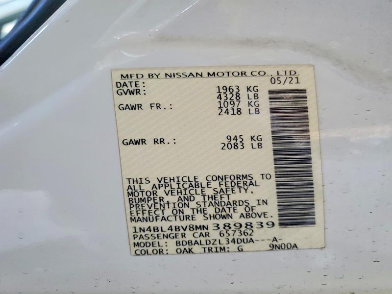 Aukcja sprzedaży 2021 Nissan Altima, vin: 1N4BL4BV8MN389839, numer aukcji: 49679106