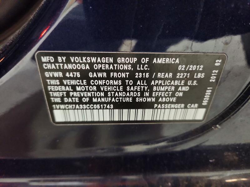 Aukcja sprzedaży 2012 Volkswagen Passat, vin: 1VWCH7A33CC051743, numer aukcji: 50676046