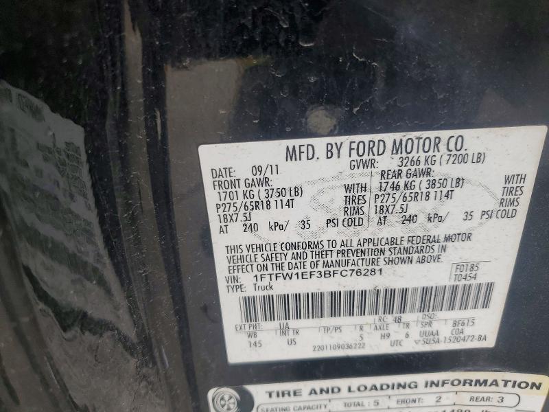 50264256 :رقم المزاد ، 1FTFW1EF3BFC76281 vin ، 2011 Ford F150 مزاد بيع