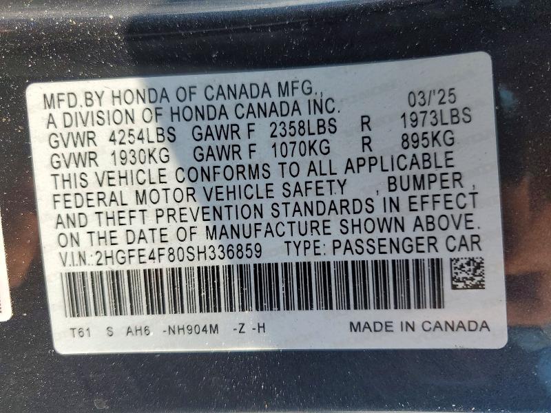 Auction sale of the 2025 Honda Civic, vin: 2HGFE4F80SH336859, lot number: 48182976