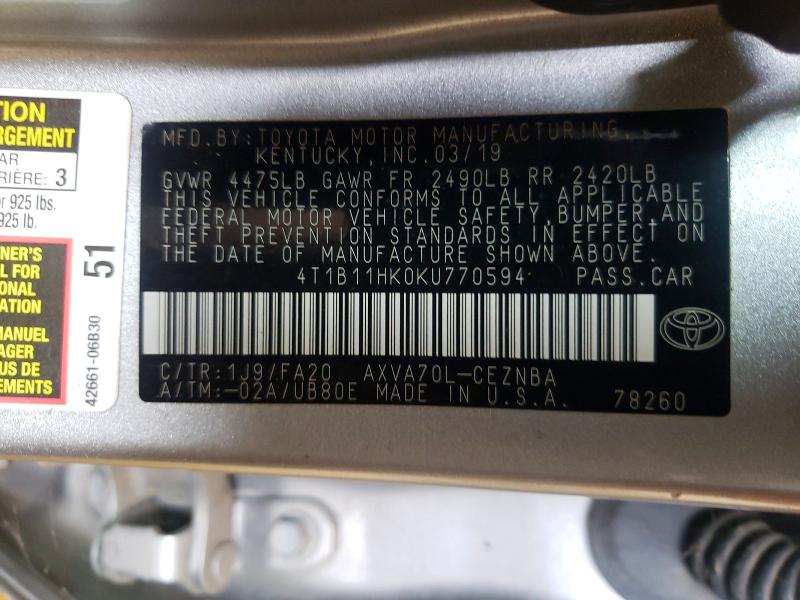 2019 Toyota Camry მანქანა იყიდება აუქციონზე, vin: 4T1B11HK0KU770594, აუქციონის ნომერი: 51327346