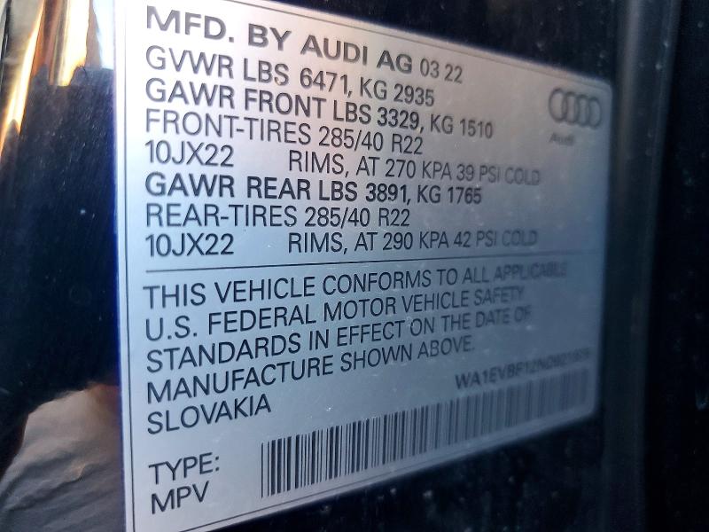 2022 Audi Q8 მანქანა იყიდება აუქციონზე, vin: WA1EVBF12ND021879, აუქციონის ნომერი: 48865506