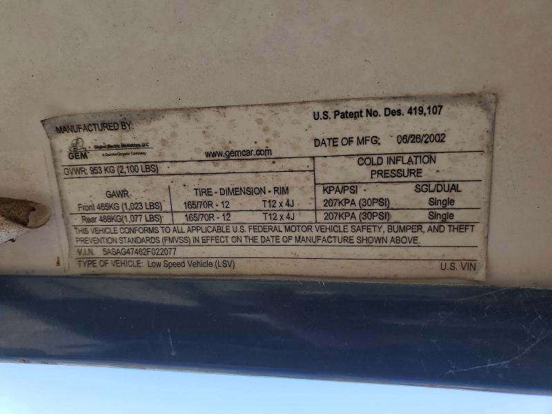 Aukcja sprzedaży 2002 Global Electric Motors 825, vin: 5ASAG47462F022077, numer aukcji: 48013996