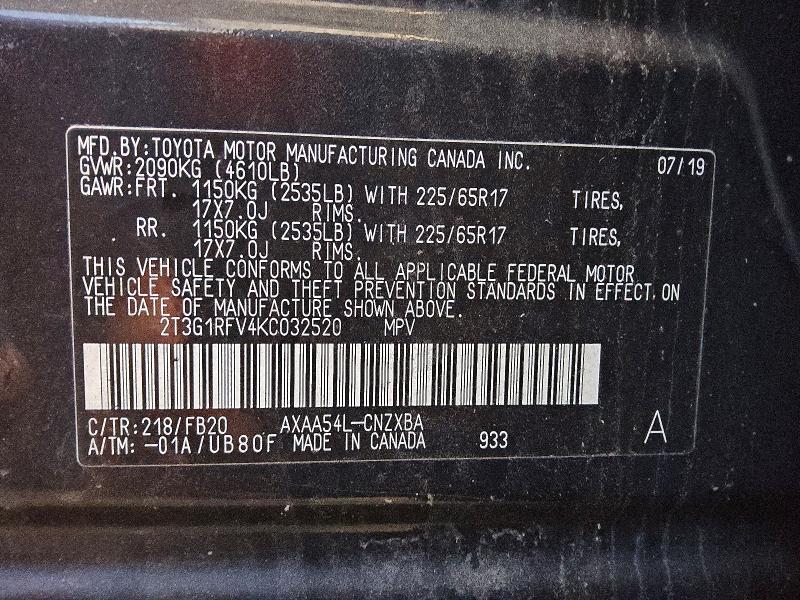 Aukcja sprzedaży 2019 Toyota Rav4, vin: 2T3G1RFV4KC032520, numer aukcji: 50857816
