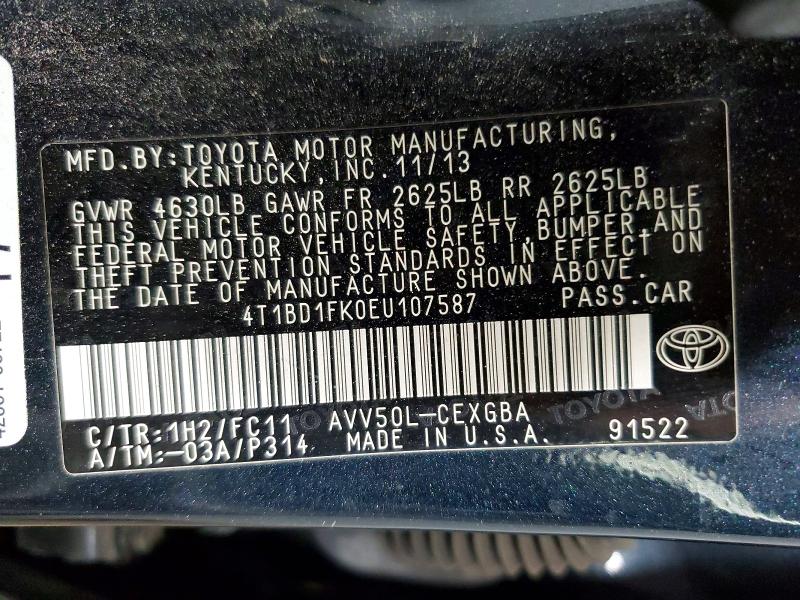 2014 Toyota Camry Hybrid მანქანა იყიდება აუქციონზე, vin: 4T1BD1FK0EU107587, აუქციონის ნომერი: 50237816