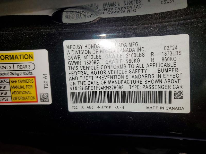 Продаж на аукціоні авто 2024 Honda Civic, vin: 2HGFE1F94RH329088, номер лоту: 51038016
