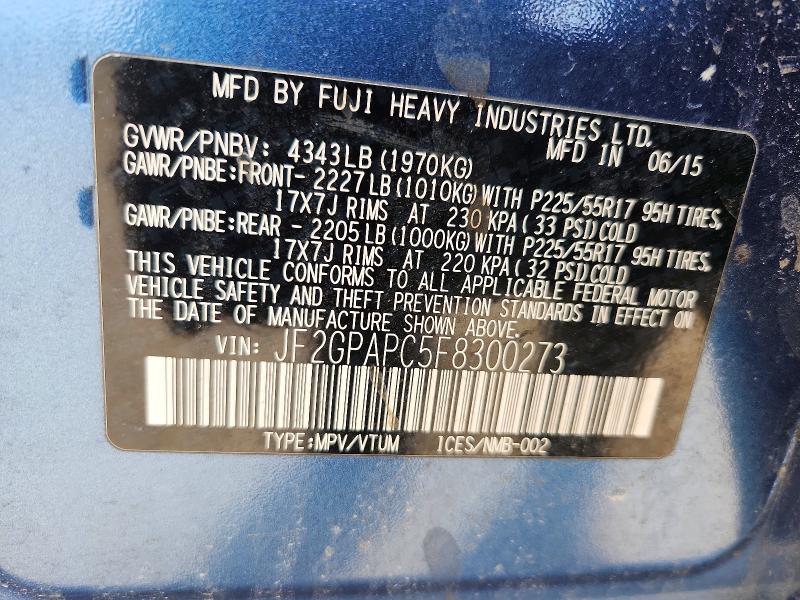2015 Subaru Xv Crosstrek მანქანა იყიდება აუქციონზე, vin: JF2GPAPC5F8300273, აუქციონის ნომერი: 48979986