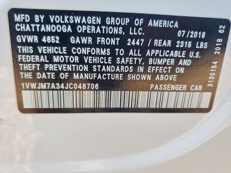 2018 Volkswagen Passat მანქანა იყიდება აუქციონზე, vin: 1VWJM7A34JC048706, აუქციონის ნომერი: 50432886