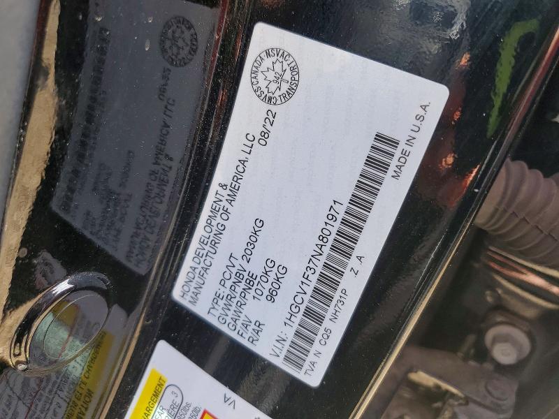 51628176 :رقم المزاد ، 1HGCV1F37NA801971 vin ، 2022 Honda Accord مزاد بيع