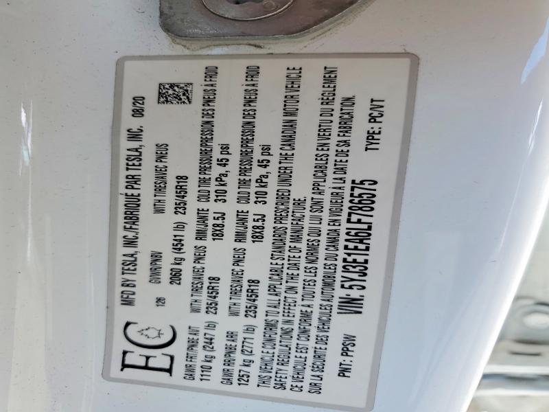 Aukcja sprzedaży 2020 Tesla Model 3, vin: 5YJ3E1EA6LF786575, numer aukcji: 50082556
