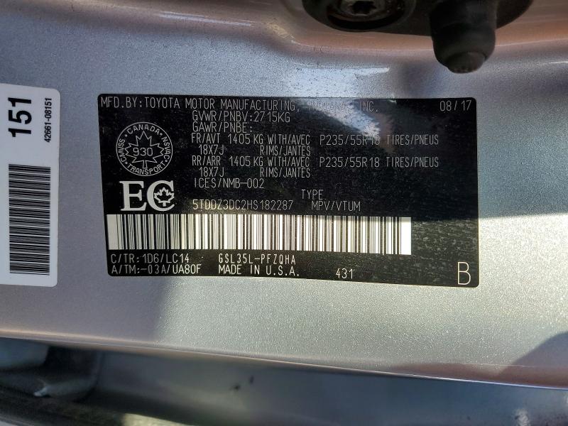 2017 Toyota Sienna მანქანა იყიდება აუქციონზე, vin: 5TDDZ3DC2HS182287, აუქციონის ნომერი: 50419666