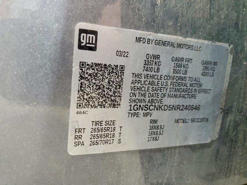 Продаж на аукціоні авто 2022 Chevrolet Tahoe, vin: 1GNSCNKD5NR240846, номер лоту: 51369416