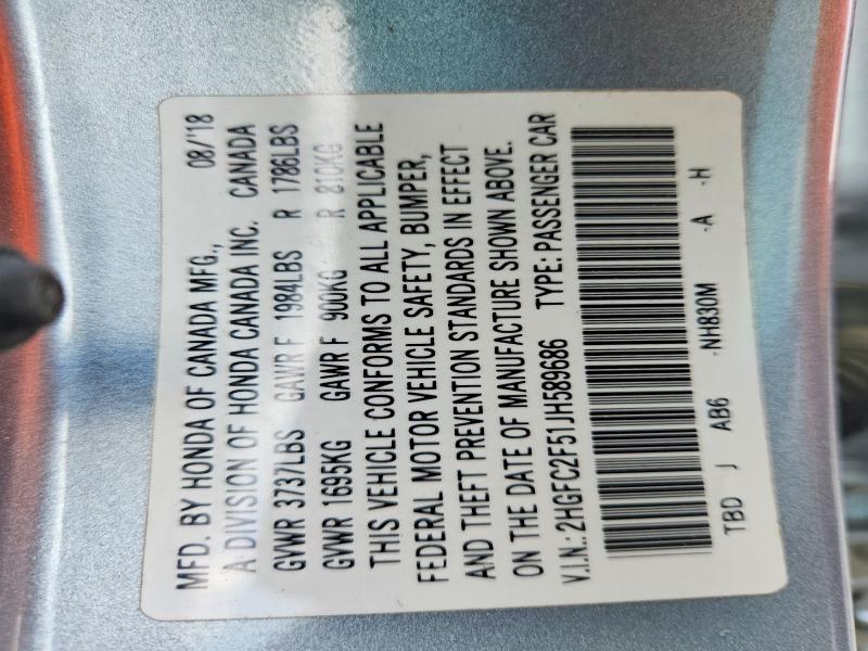 2018 Honda Civic მანქანა იყიდება აუქციონზე, vin: 2HGFC2F51JH589686, აუქციონის ნომერი: 50981566