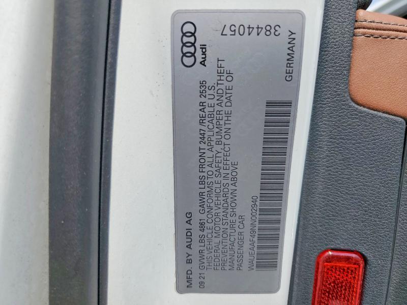 Продаж на аукціоні авто 2022 Audi A4, vin: WAUEAAF49NN002940, номер лоту: 48827146