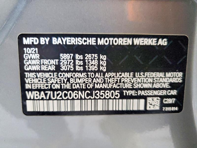 Продаж на аукціоні авто 2022 Bmw 750, vin: WBA7U2C06NCJ35805, номер лоту: 47934886