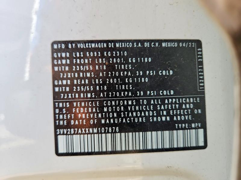 Aukcja sprzedaży 2022 Volkswagen Tiguan, vin: 3VV2B7AXXNM107876, numer aukcji: 51248986