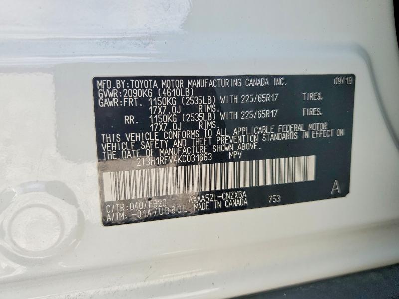 Aukcja sprzedaży 2019 Toyota Rav4, vin: 2T3H1RFV4KC031663, numer aukcji: 51694326