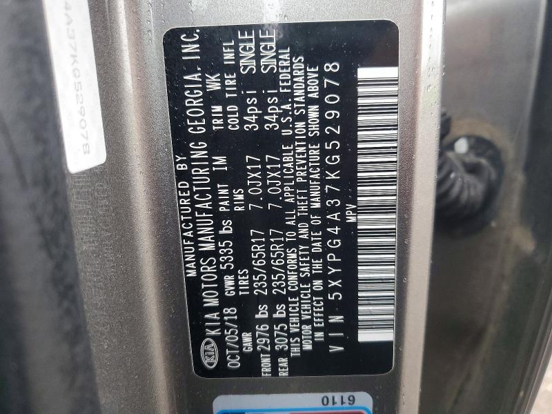51557456 :رقم المزاد ، 5XYPG4A37KG529078 vin ، 2019 Kia Sorento مزاد بيع