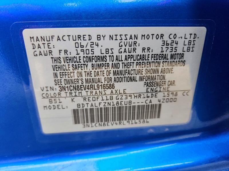 2024 Nissan Versa მანქანა იყიდება აუქციონზე, vin: 3N1CN8EV4RL916586, აუქციონის ნომერი: 49988326