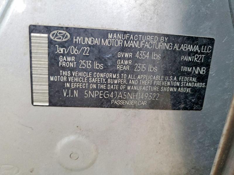 2022 Hyundai Sonata მანქანა იყიდება აუქციონზე, vin: 5NPEG4JA5NH149322, აუქციონის ნომერი: 49871396
