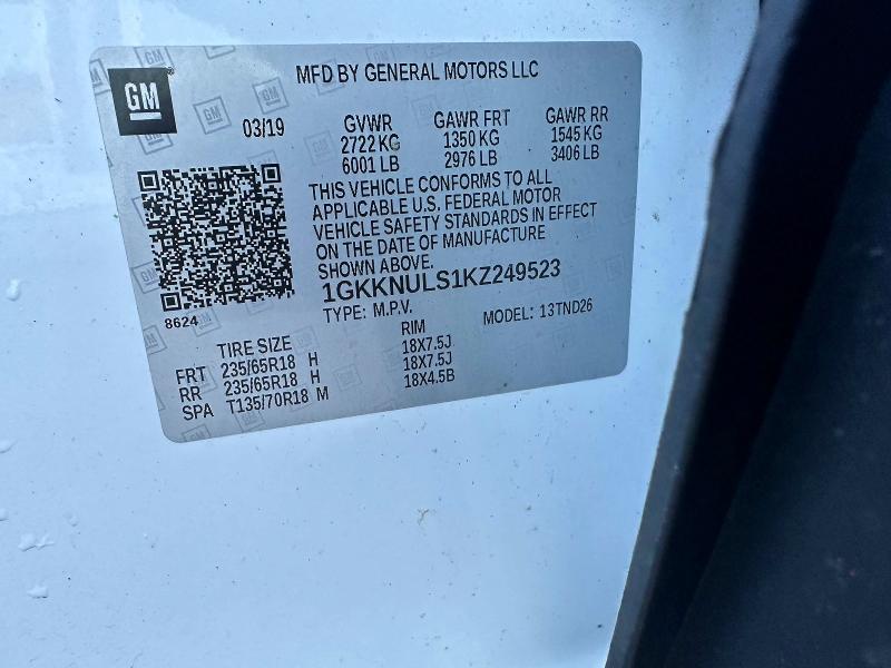 49495266 :رقم المزاد ، 1GKKNULS1KZ249523 vin ، 2019 Gmc Acadia مزاد بيع