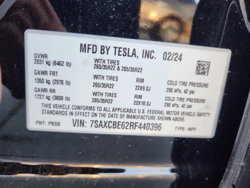 2024 Tesla Model X მანქანა იყიდება აუქციონზე, vin: 7SAXCBE62RF440396, აუქციონის ნომერი: 50232696