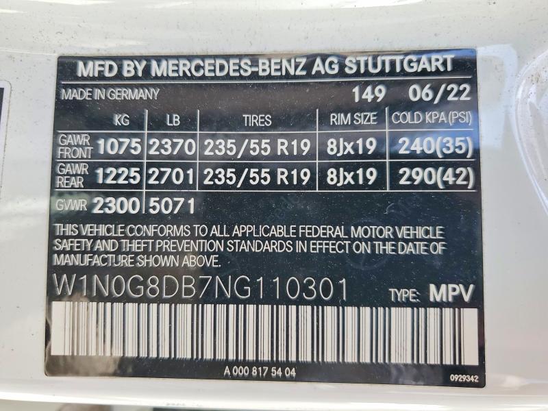 49010836 :رقم المزاد ، W1N0G8DB7NG110301 vin ، 2022 Mercedes-benz Glc مزاد بيع
