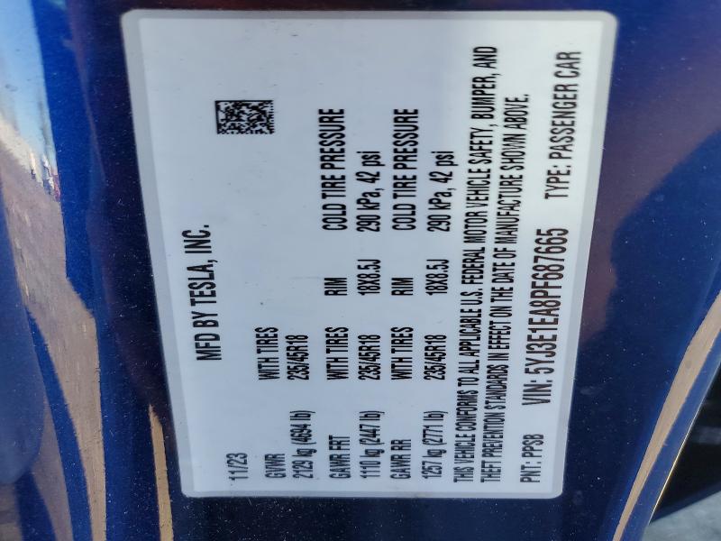 2023 Tesla Model 3 მანქანა იყიდება აუქციონზე, vin: 5YJ3E1EA8PF687665, აუქციონის ნომერი: 50221616