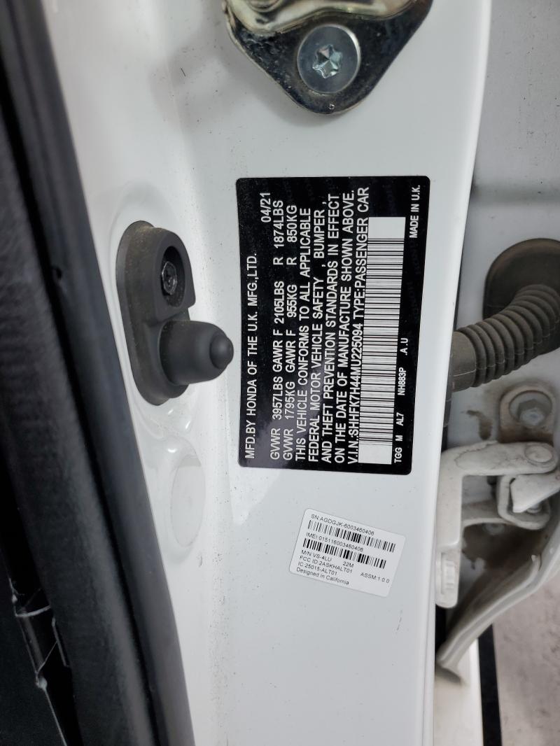51698406 :رقم المزاد ، SHHFK7H44MU225094 vin ، 2021 Honda Civic مزاد بيع
