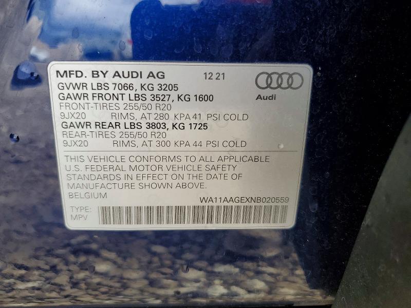 Aukcja sprzedaży 2022 Audi E-tron, vin: WA11AAGEXNB020559, numer aukcji: 50621456