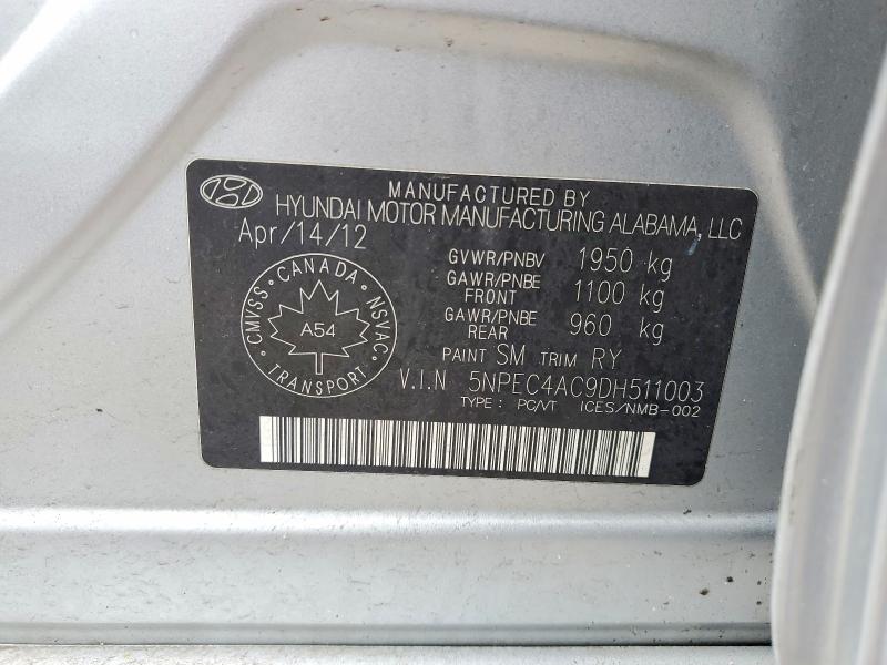 2013 Hyundai Sonata მანქანა იყიდება აუქციონზე, vin: 5NPEC4AC9DH511003, აუქციონის ნომერი: 48715016