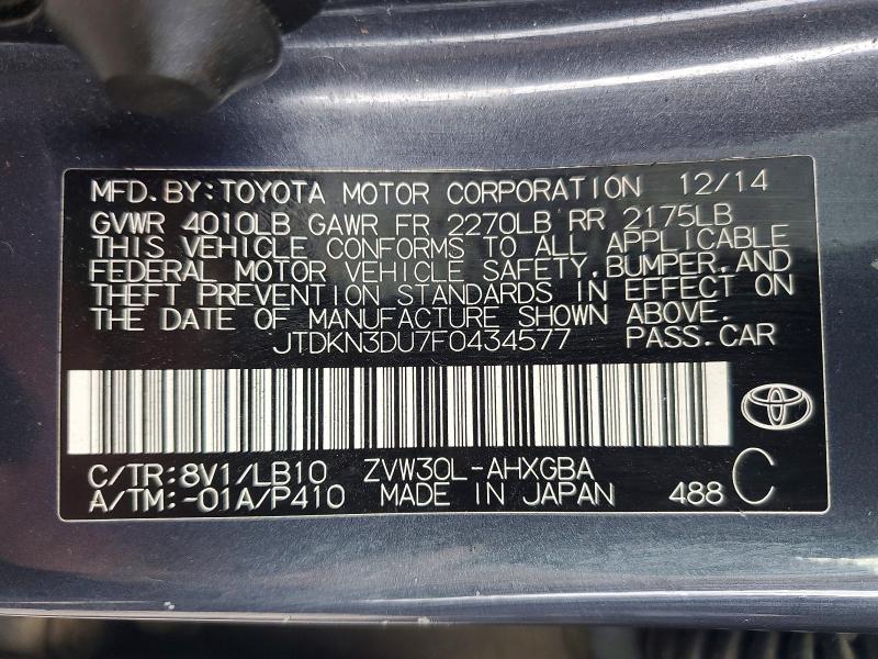 48774766 :رقم المزاد ، JTDKN3DU7F0434577 vin ، 2015 Toyota Prius مزاد بيع