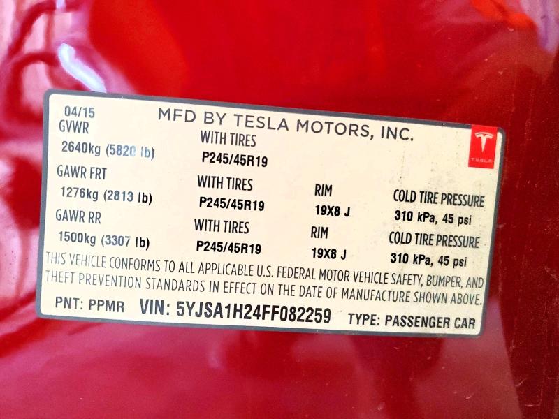 51133946 :رقم المزاد ، 5YJSA1H24FF082259 vin ، 2015 Tesla Model S مزاد بيع